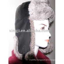 Chinchilla rabbit hat with lamb leather natural grey color fur hat